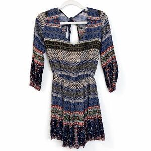 Hollister NWT Boho Printed Mini Dress Small Keyhole Tie Neck 3/4 Sleeve Summer